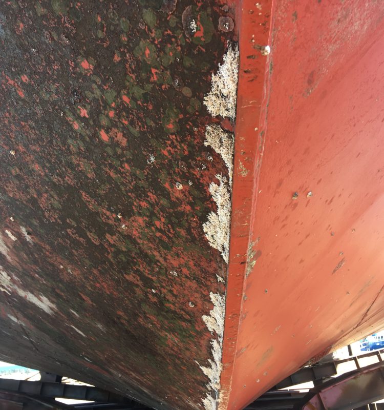 In water hull cleaning, hydraulic powered, sympathetic to antifouling