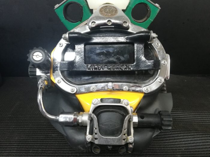 Kirby Morgan KM-37 Hard-hat fitted with specialized welding visor to protect divers eyes from arc damage.
